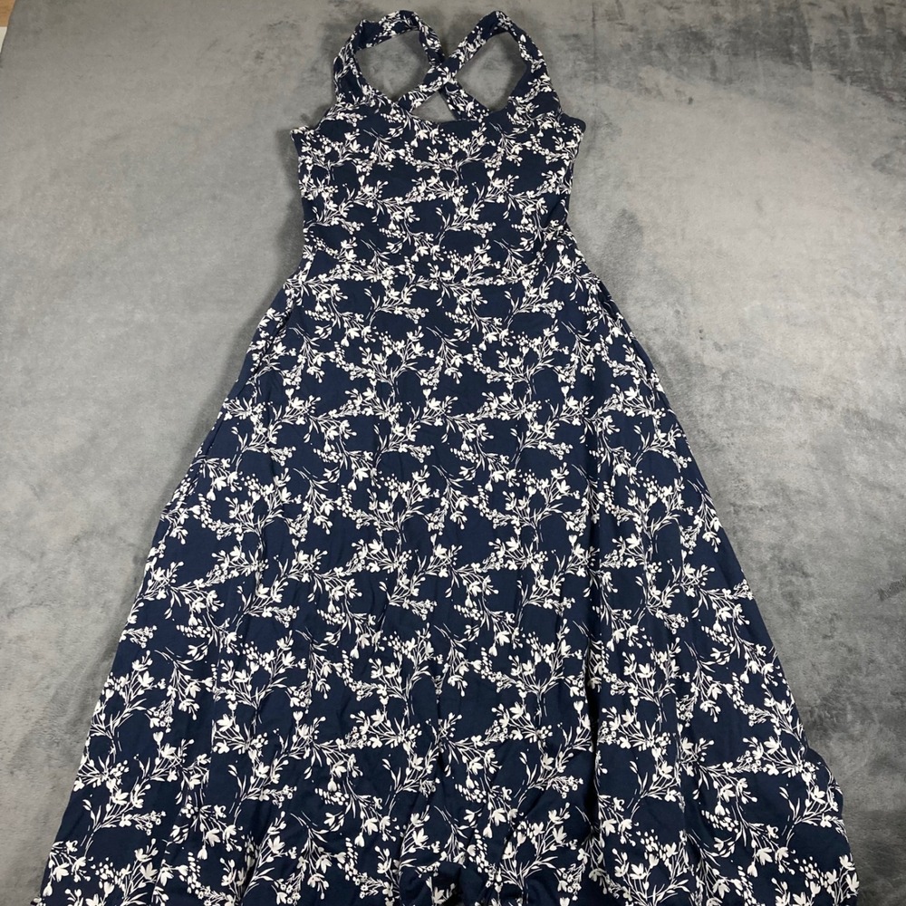 Pact Navy Blue Floral Organic Cotton Cross Back Maxi Dress Small